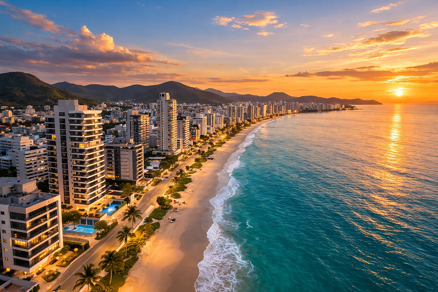Vista aérea de Itapema ao pôr do sol